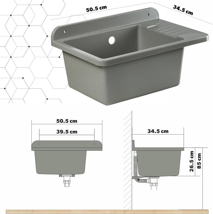 GOSPO Ausgussbecken aus Polypropylen, 50,5 x 34 x 26,5 cm, Haushaltsspülbecken, Spülbecken mit profe
