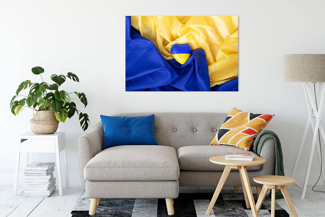 Herz mit Ukraine Flagge als Leinwandbild | Grösse: 120x80 cm | Wandbild | Kunstdruck | fertig bespan
