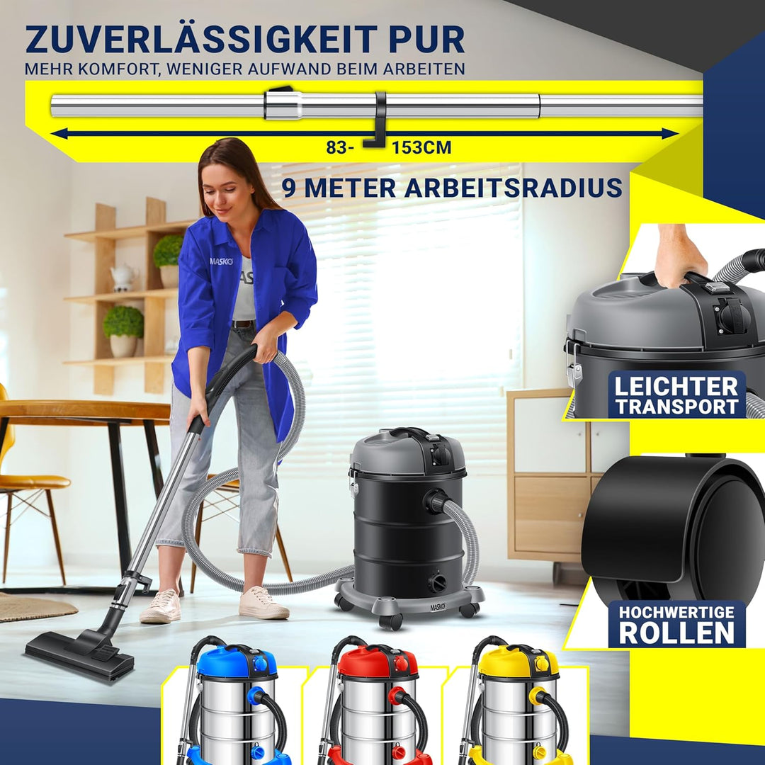 Masko® Industriestaubsauger Staubsauger Nass Trocken Sauger Edelstahl 2300W + Steckdose | Blasfunkti