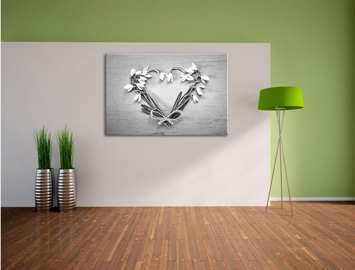 Herz aus Blumen Kunst B&W, Format: 100x70 auf Leinwand, XXL riesige Bilder fertig gerahmt mit Keilra