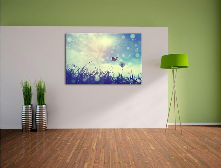 Pixxprint zarter Schmetterling fliegt zu Pusteblume, Format: 100x70 auf Leinwand, 100x70