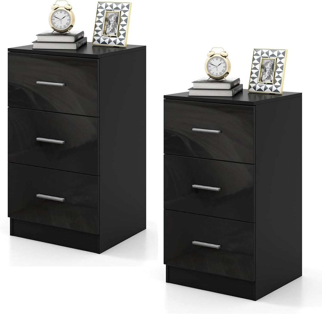 COSTWAY 2er Set Nachttisch mit 3 Schubladen, Hochglanz Nachtschrank, Nachtkommode für Boxspringbett,