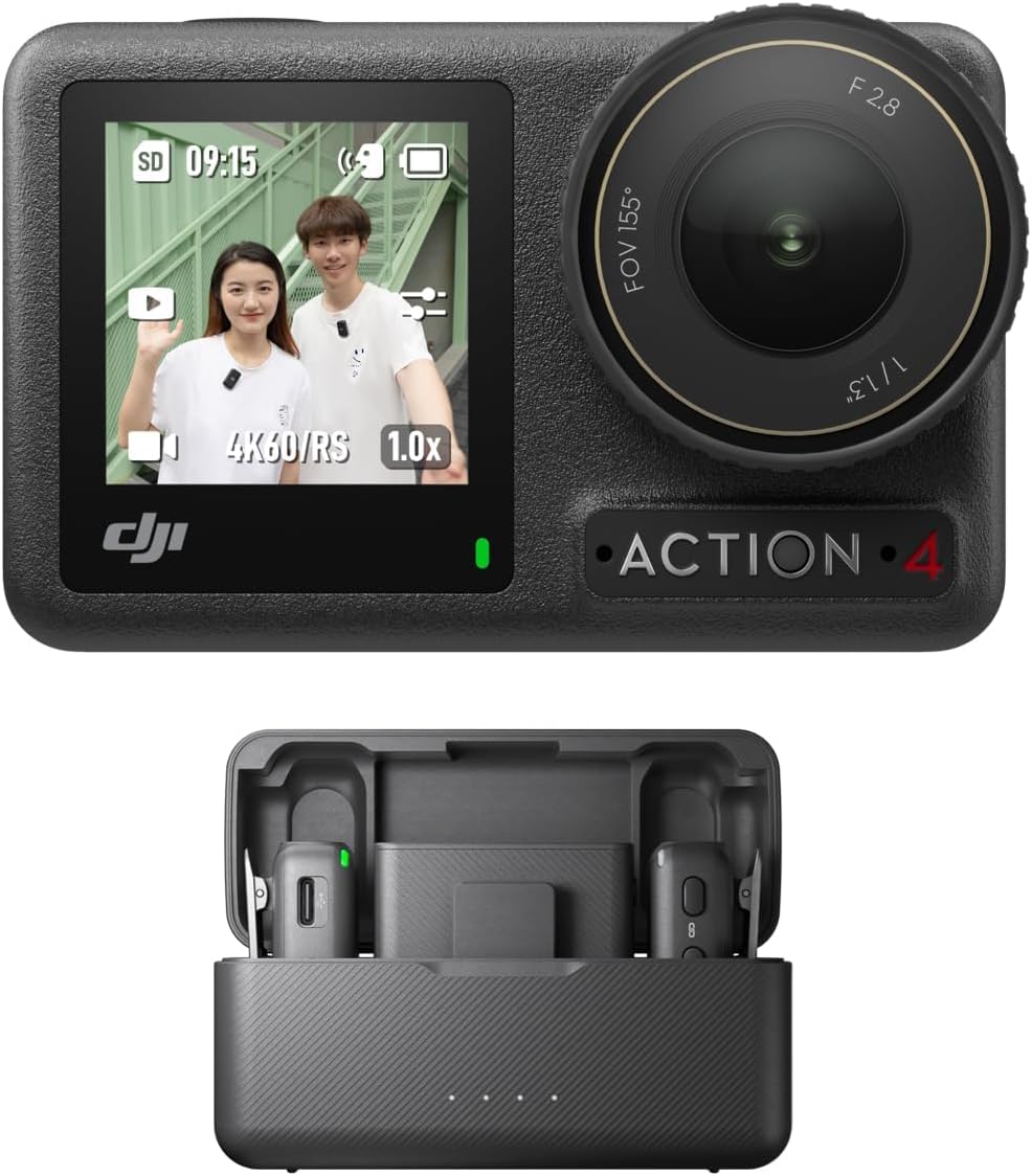 DJI Osmo Action 4+Mikrofon (2 Sender+1 Empfänger+Ladeschale) – Vlogging-Kamera mit einem 1/1,3-Zoll-