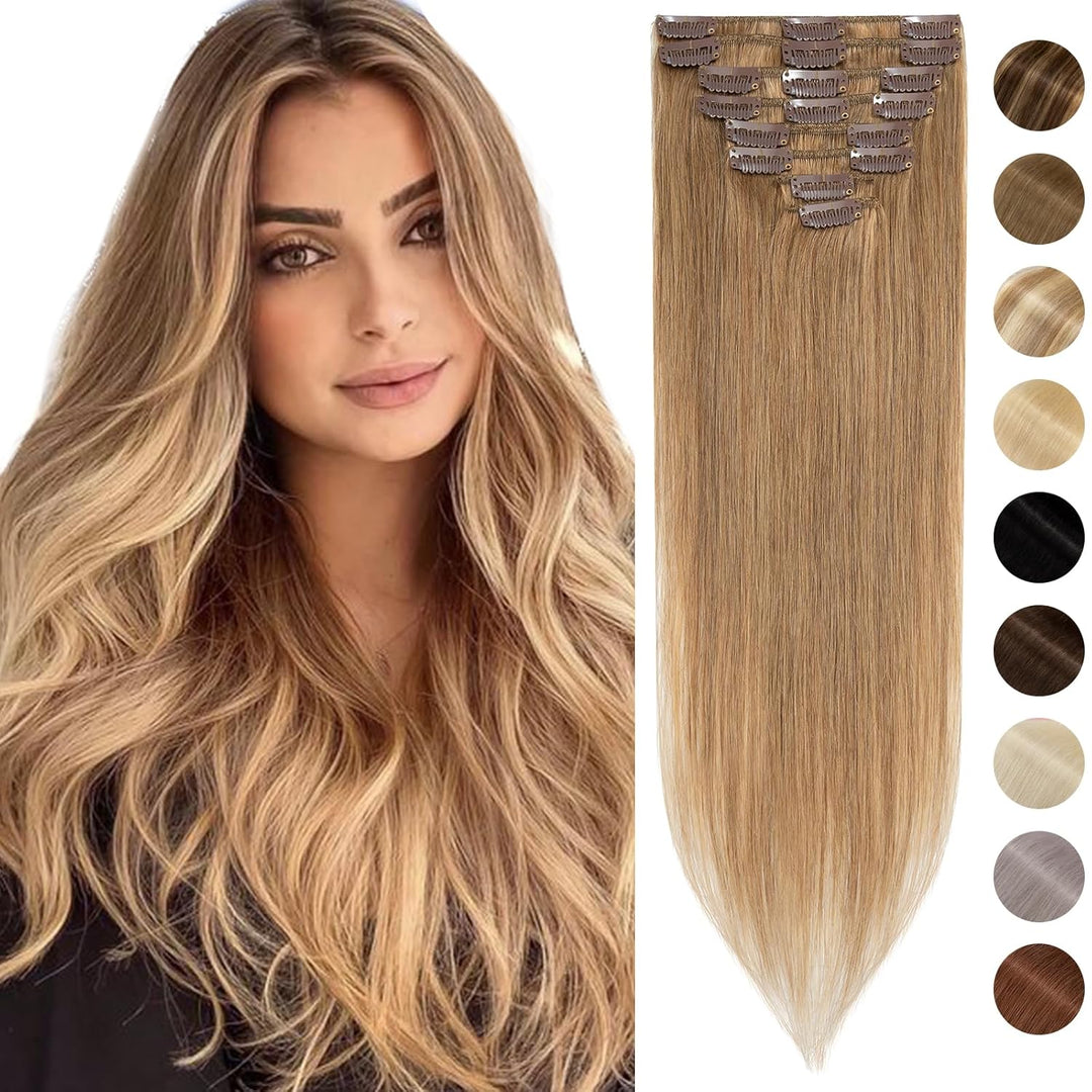 Silk-co Echthaar Clip In Extensions 8 Tressen 18 Clips 60g, Karamellblond Hair Extensions, Remy Echt