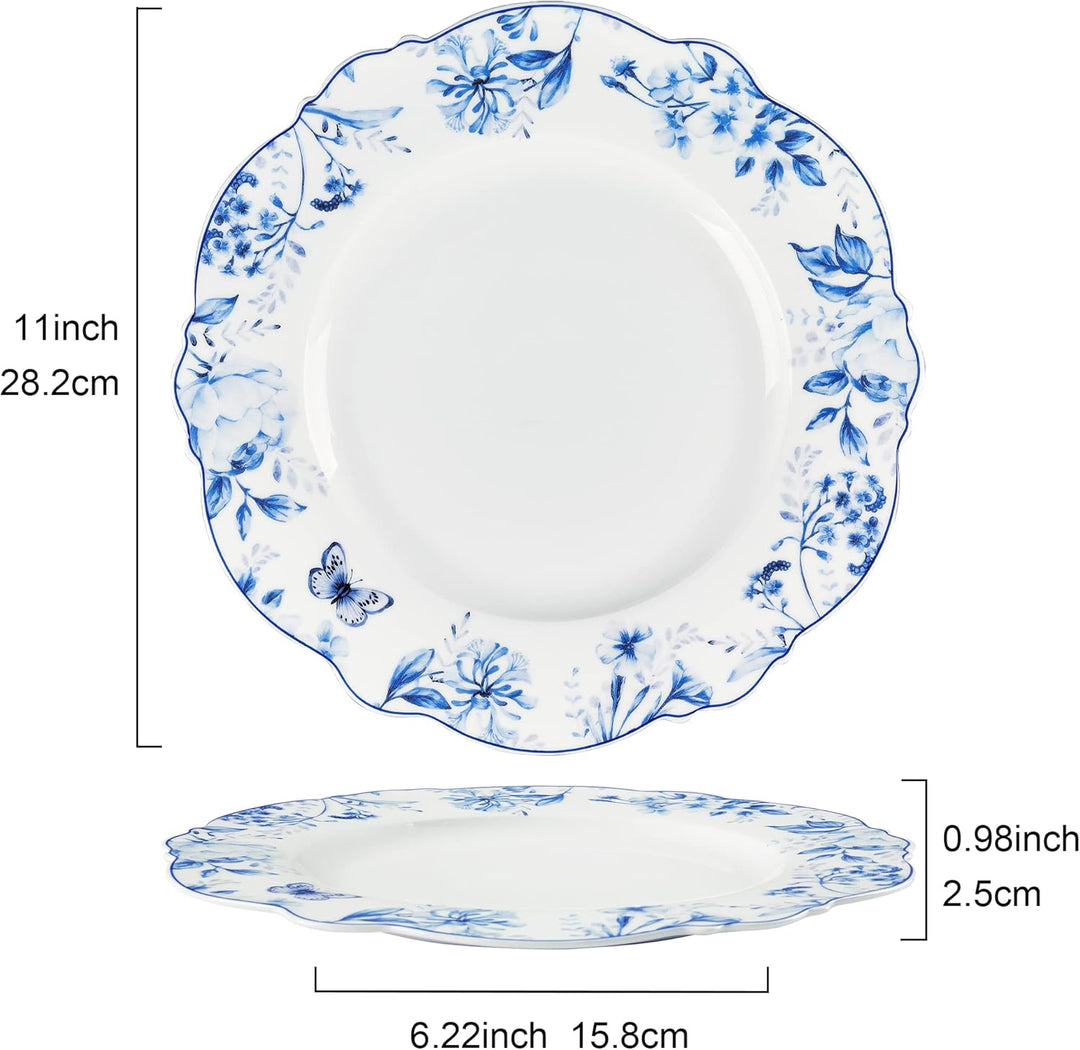 fanquare Keramik Teller 4-er Set, Runde Speiseteller Porzellan Blaues Blumen Muster, Geschirr Teller