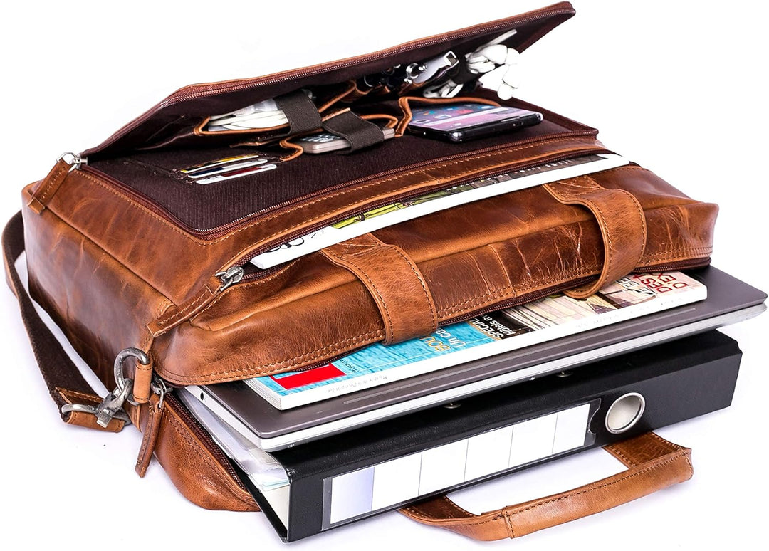 ALMADIH Leder Businesstasche Laptoptasche 15 Zoll Aktentasche BRUNO tolle Aufteilung Leder Business