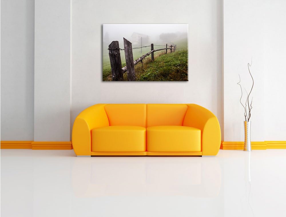 Rustikaler Holzzaun auf Wiese Format: 100x70 auf Leinwand, XXL riesige Bilder fertig gerahmt mit Kei