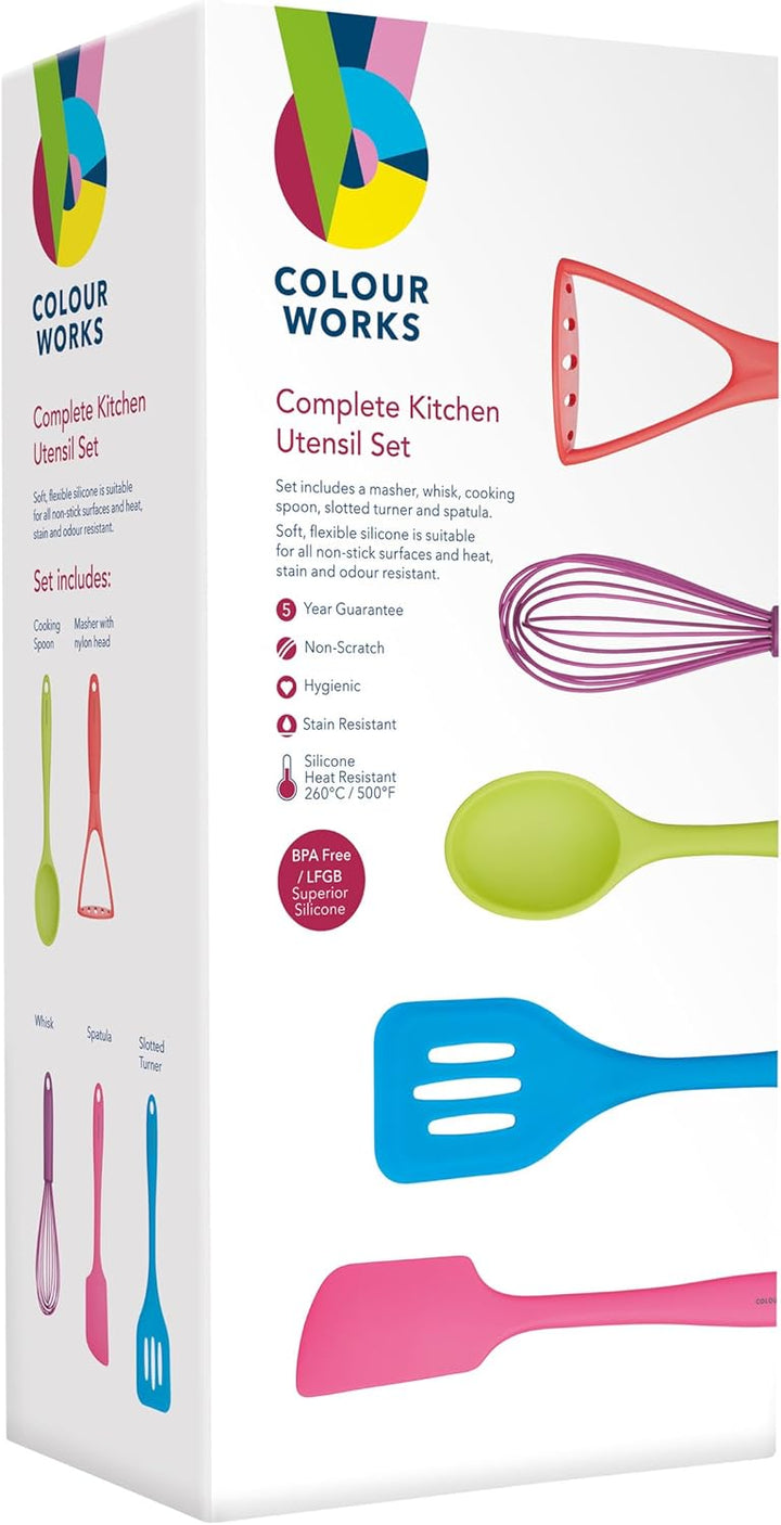 KitchenCraft Colourworks Küchen-Utensilien-Set mit Geschenkbox, 5-Teilig, bunt Silikon, Silikon