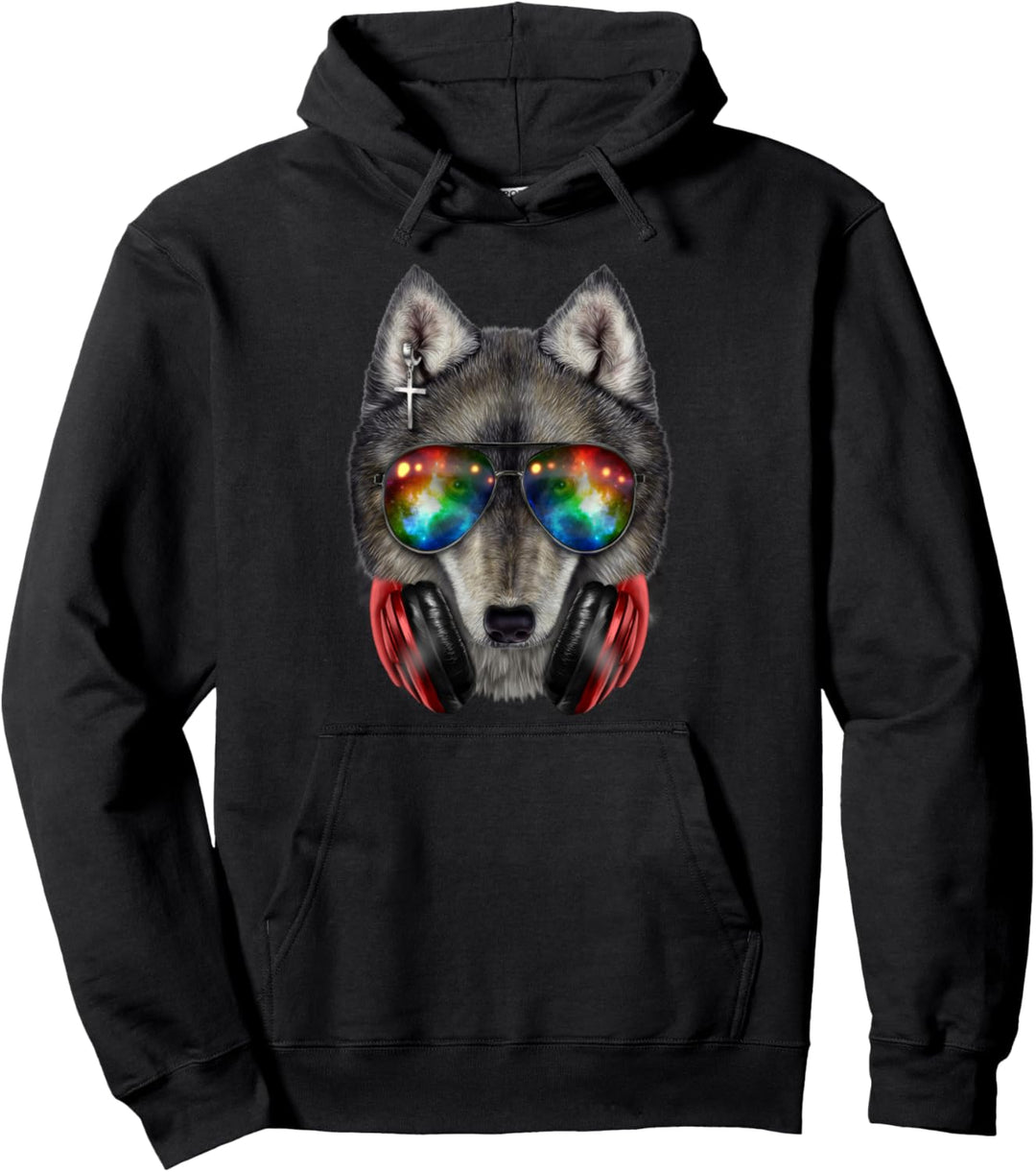 Grauer Wolf, die Raumsonnenbrille und Kopfhörer trägt Pullover Hoodie