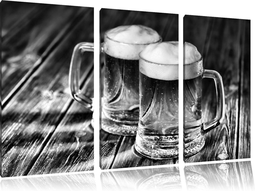 Pixxprint Zwei Masskrüge Bier als Leinwandbild/Grösse: 3 Teilig (120x80) cm/Wandbild/Kunstdruck/fert