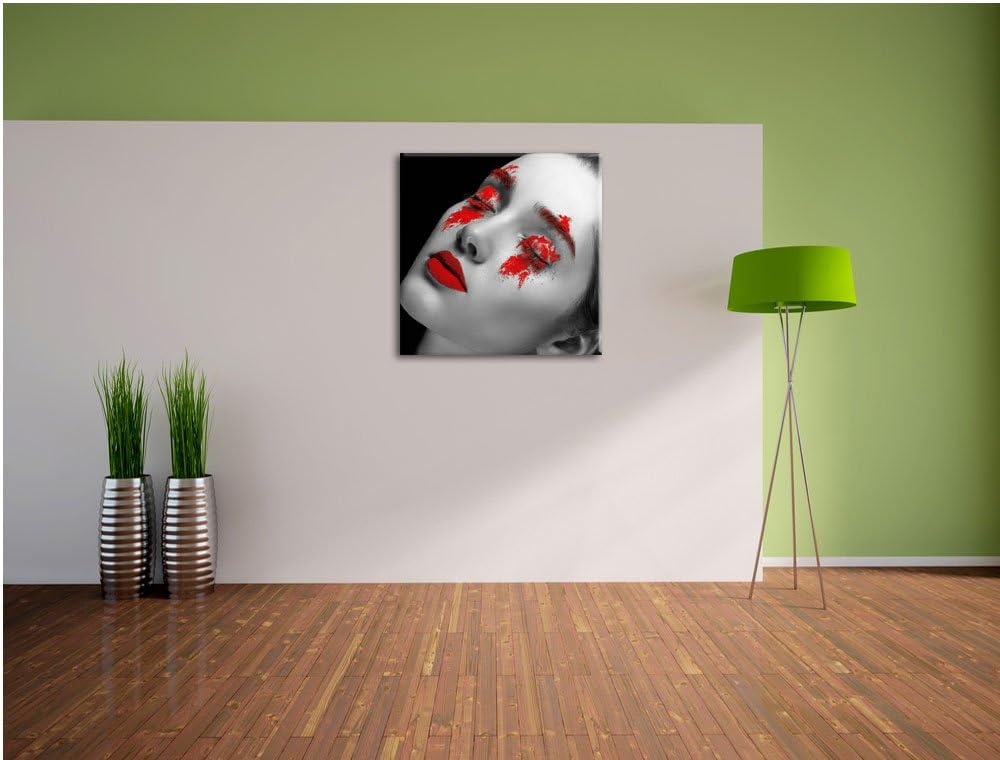 Frau mit roten Pulver auf Lippen und Augen schwarz/weiss, Format: 70x70 auf Leinwand, XXL riesige Bi