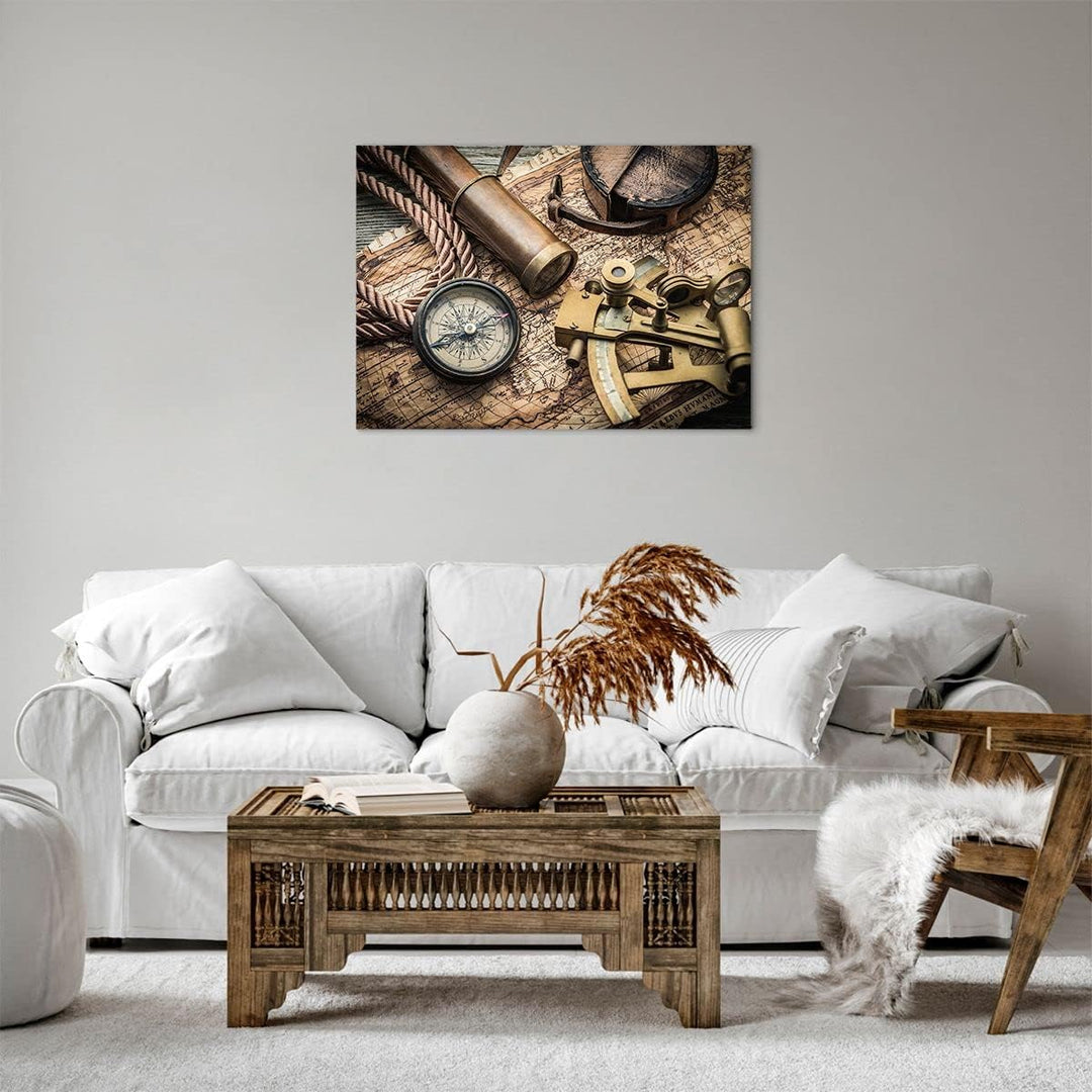 ARTTOR Bilder auf Leinwand Kompass Kompass Karte Leinwandbild 70x50cm Wandbilder Dekoration Wohnzimm