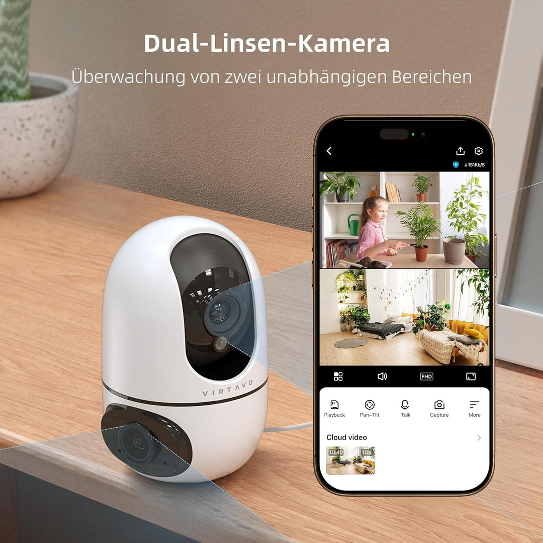 virtavo Überwachungskamera Innen 1080p Kamera Überwachung Innen 360° PTZ WLAN Kamera FHD 2-Wege-Audi