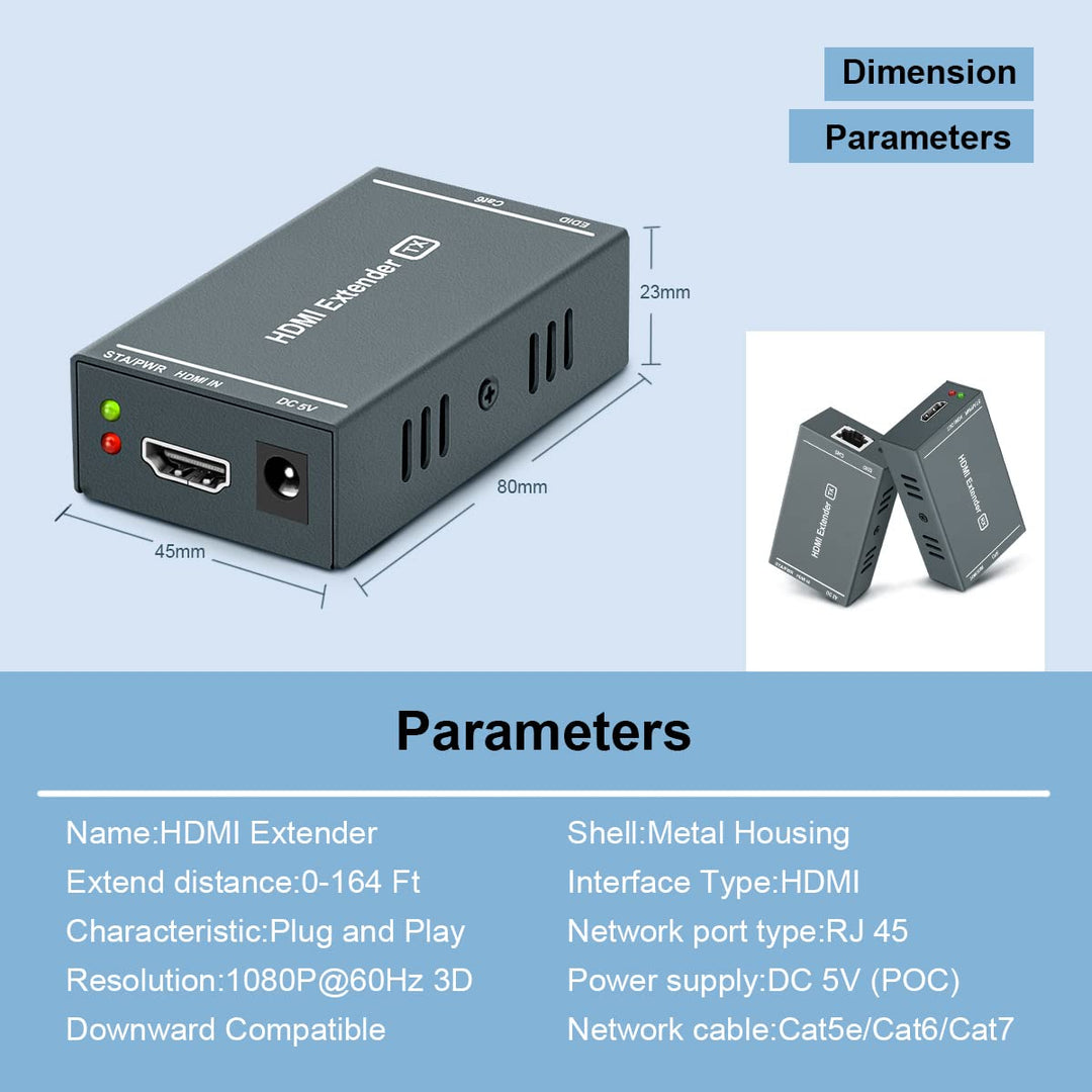 HDMI Extender 165ft/35m Low Latency Over Single Cat5e/6 RJ45 Cable Full HD 1080P Support 3D EDID, Lo