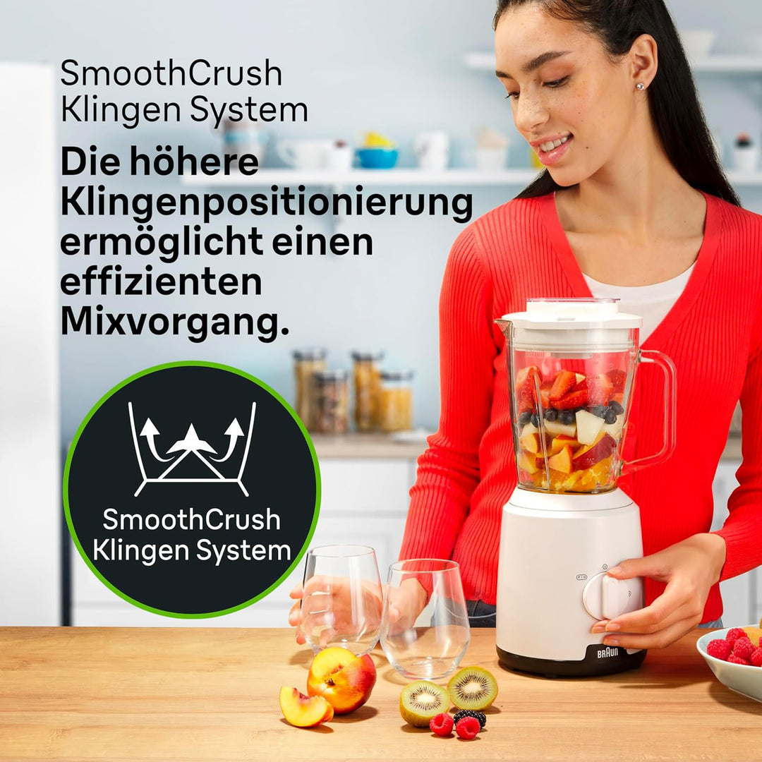 Braun PowerBlend 1 JB1050WH - Standmixer mit 1,5 l Glas-Mixaufsatz, Küchenhelfer zum Zerkleinern, Pü