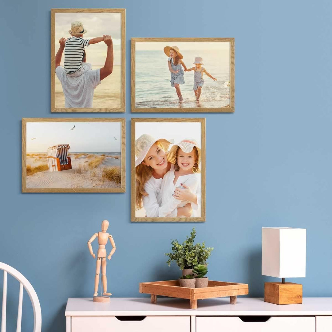 PHOTOLINI 4er Set Holzrahmen Eiche aus Massivholz Schmal 21x30 cm/DIN A4 mit Acrylglasscheibe inkl.