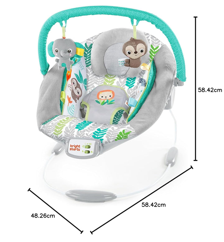 Bright Starts, Comfy Bouncer, Jungle Vines mit 2 Spielzeugen, 7 Melodien, Lautstärkenregler und auto