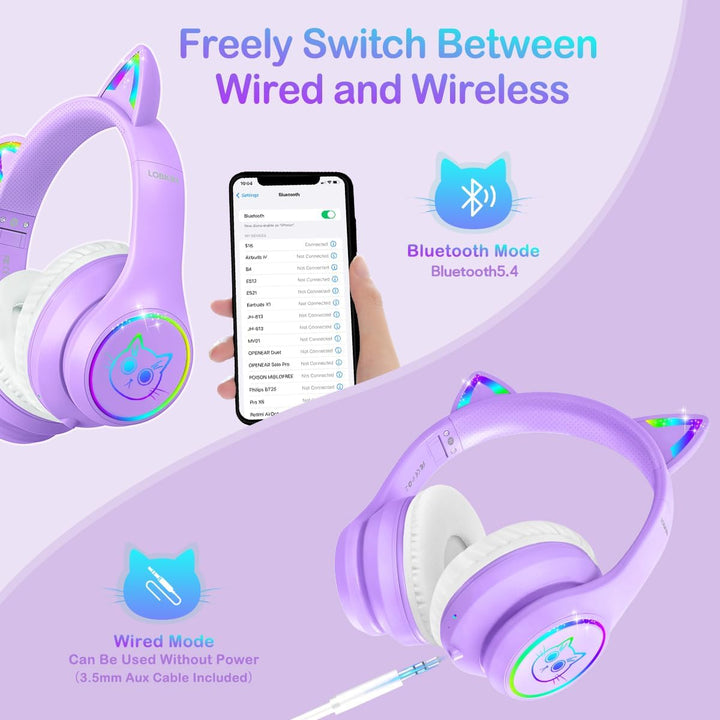 LOBKIN Bluetooth 5.3 Kinder Kopfhörer mit Tasche - RGB LED-licht Katzenohren Faltbare Stereo Headset