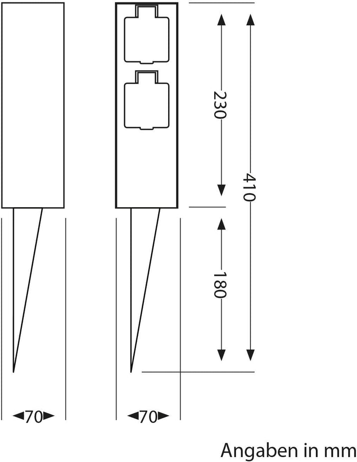 ledscom.de Aussensteckdose POMI mit Erdspiess, wetterfest, IP44, 2-fach, edelstahl, eckig, 23cm, 3 S