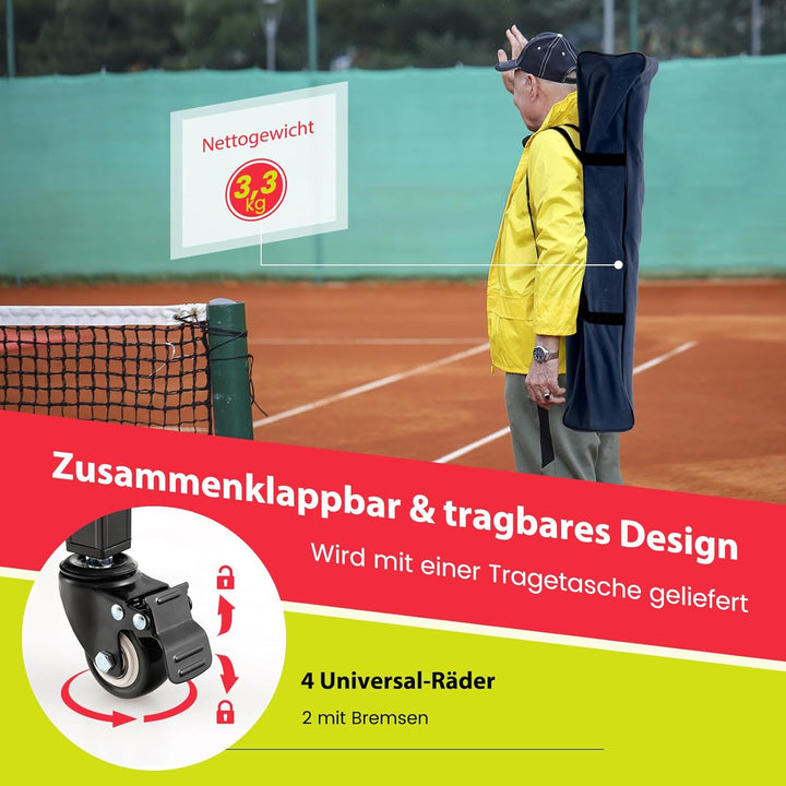 COSTWAY Tennisballwagen klappbar, Leichter Tennisballkorb mit Rädern, Seitentasche & Tragetasche, tr