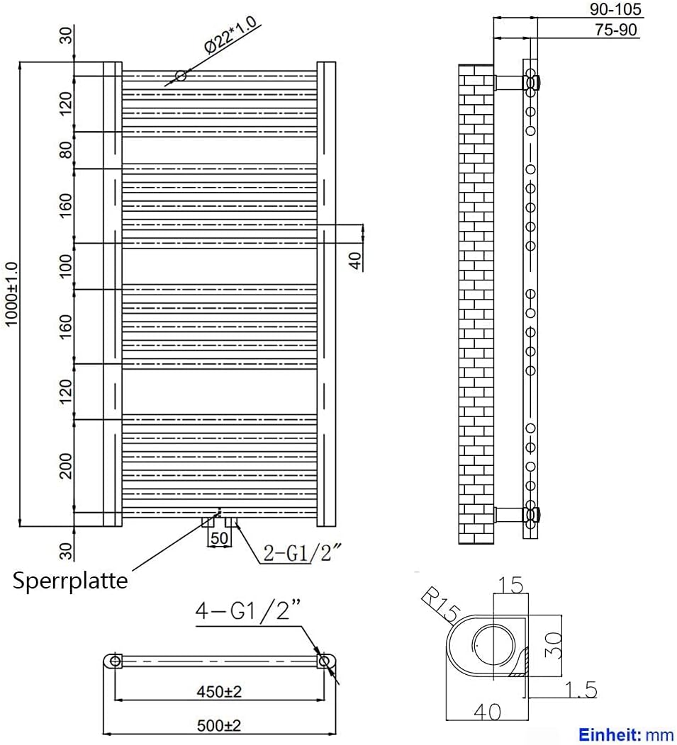 EMKE Badheizkörper 100x50 cm, Handtuchheizkörper Mittelanschluss Badheizkörper Handtuchhalter Handtu
