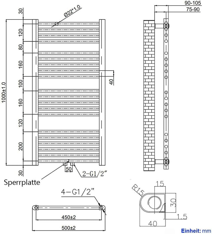EMKE Badheizkörper 100x50 cm, Handtuchheizkörper Mittelanschluss Badheizkörper Handtuchhalter Handtu