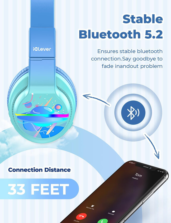 iClever Bluetooth Kinder Kopfhörer, Farbige LED-Leuchten, Kinderkopfhörer Over-Ear mit 74/85dBA Laut