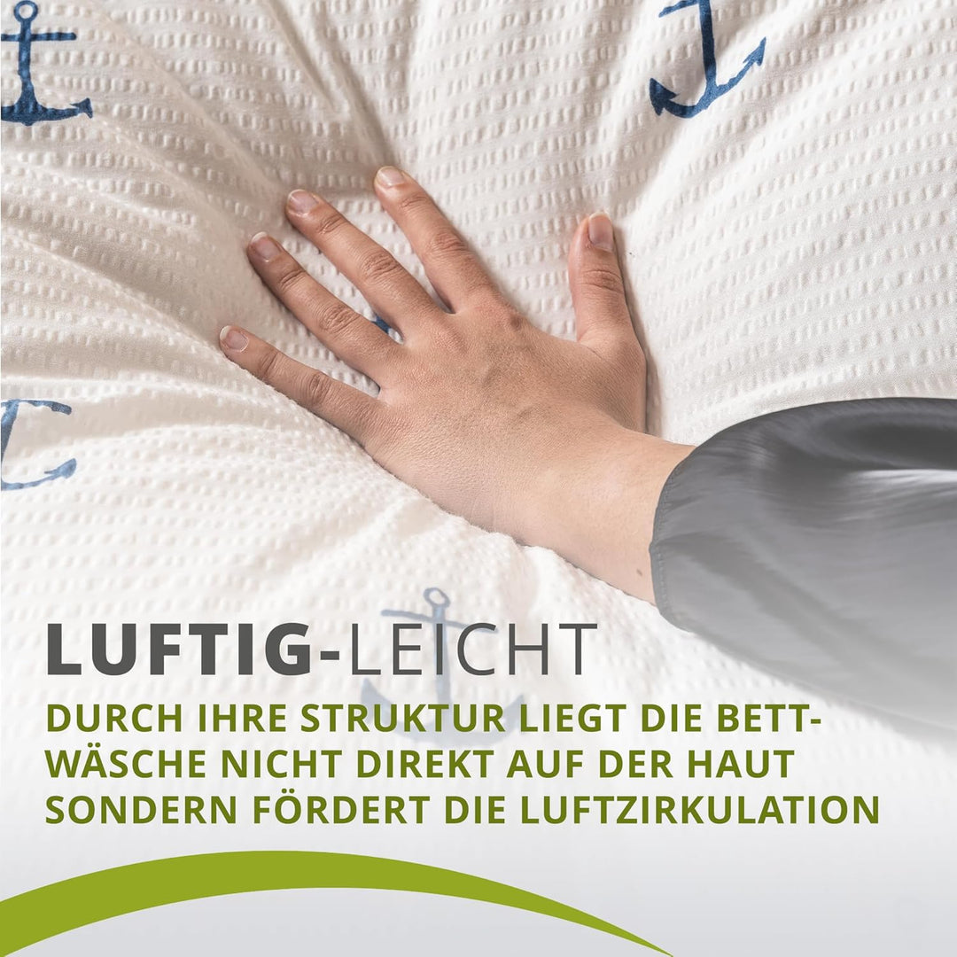 Traumschlaf Seersucker Sommer Wende-Bettwäsche Anker - Bügelfrei - maritim Set 135x200 cm + 80x80 cm