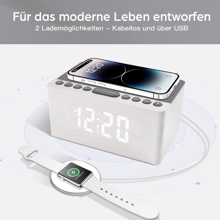 ANJANK Hölzerner Radio wecker Digital mit kabelloses Laden,10W Fast Wireless Charger for Iphone/Andr