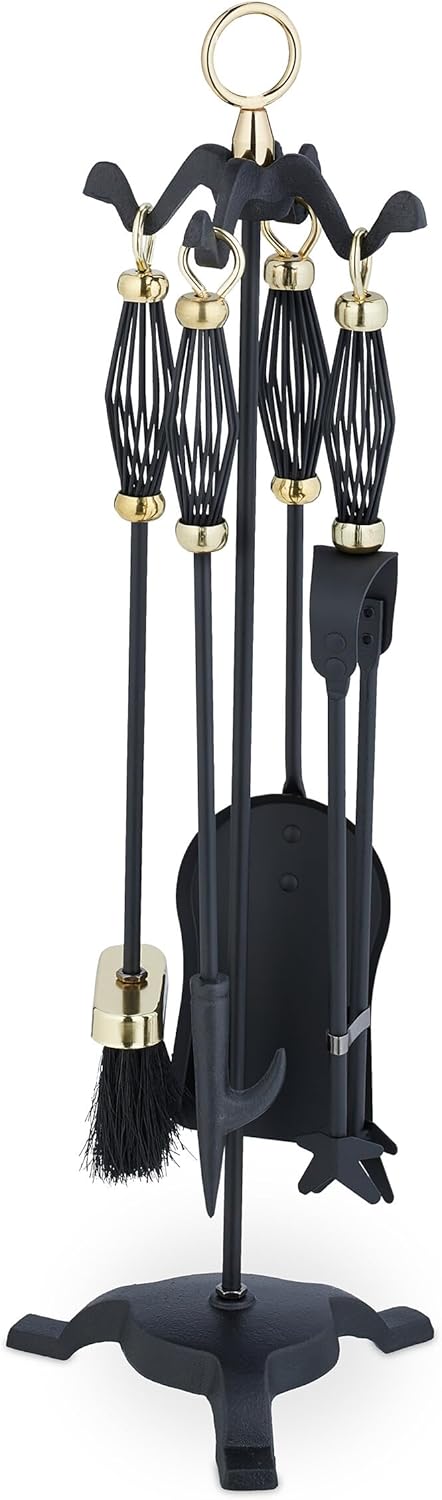 Relaxdays Kaminbesteck 5tlg. Set, Schürhaken, Ascheschaufel, Besen, Zange & Ständer, Eisen, Kamingar