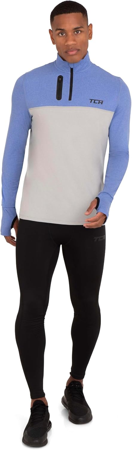 TCA Herren Fusion Pro Quickdry Langarm Lauf Shirt mit Halbem Reissverschluss Blau/Grau S, Blau/Grau