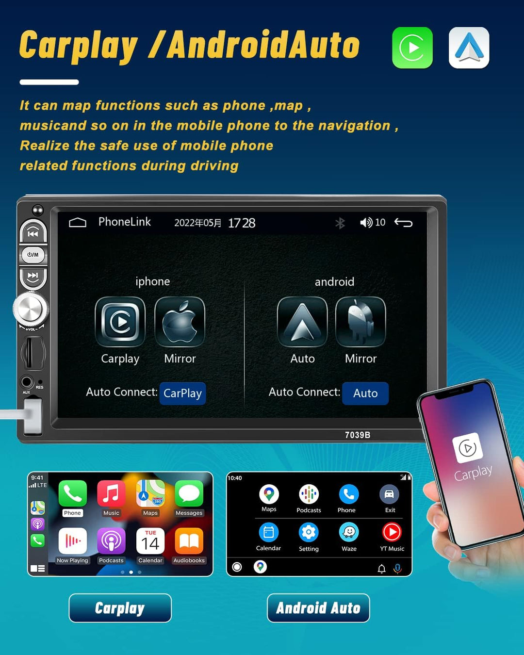 Hikity Autoradio 1 Din Carplay und Android AutoTouch Display 7 Zoll Bildschirm Bluetooth Radio FM/US