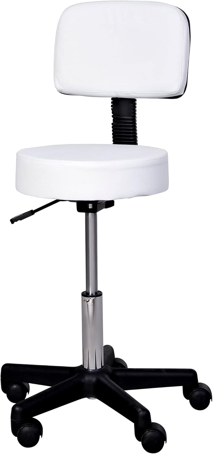 HOMCOM Arbeitshocker Rollhocker Drehhocker höhenverstellbar mit Lehne Büro Weiss Φ35 x H72-84 cm, We