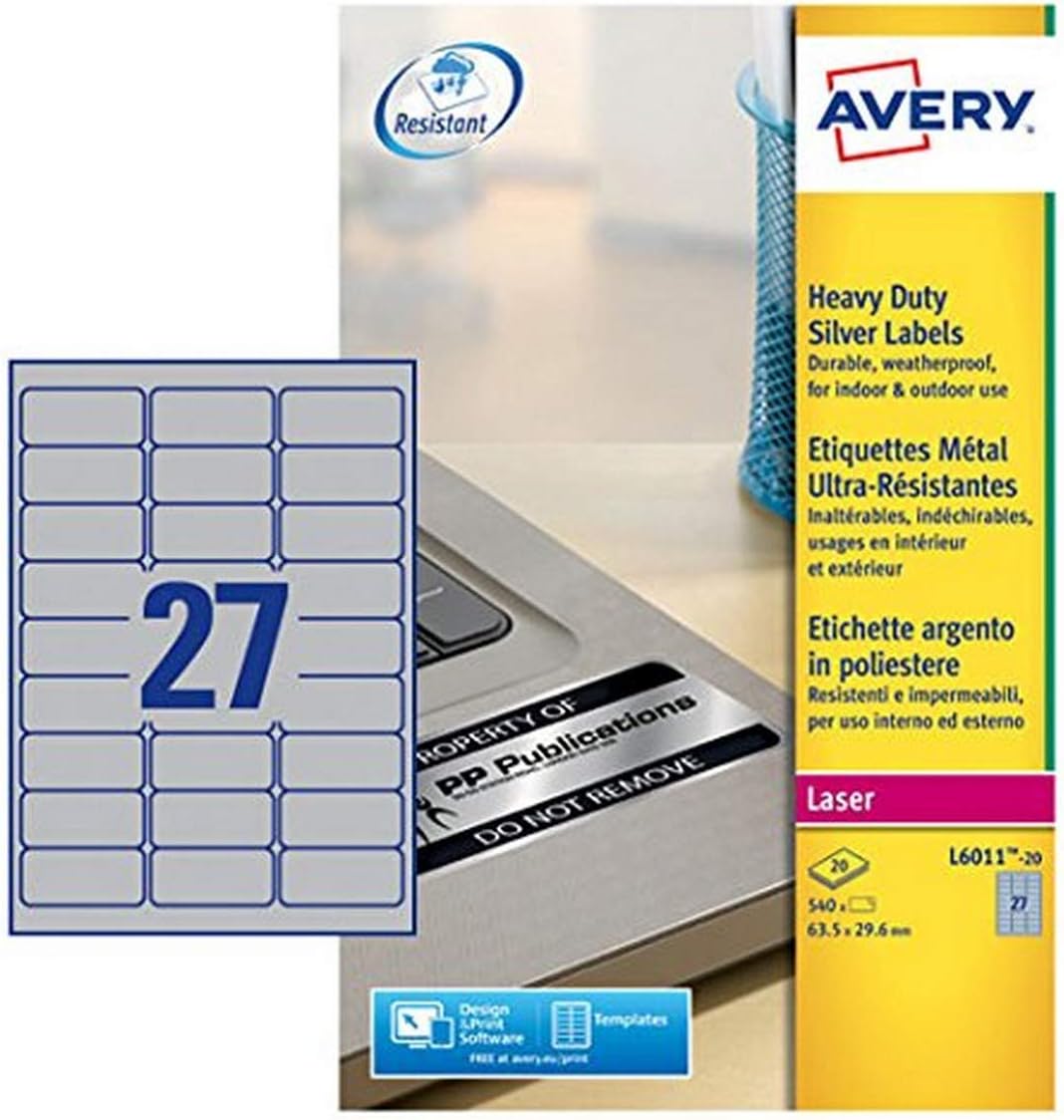 Avery L6011-20 Robuste Laseretiketten ( 27 Stück pro Blatt, 63,5 x 29,6 mm) 540 Etiketten in Silber