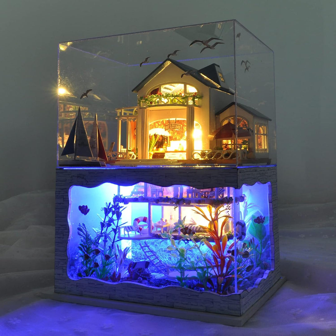Cuteefun DIY Miniatur Puppenhaus Meer Kit zum BAU Miniatur Haus mit Staubdichten Möbeln und Werkzeug