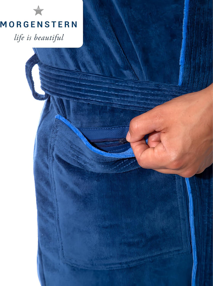 Morgenstern Bademantel Herren Kapuze 100% Baumwolle Frottee Velours Lang Finn M Blau, M Blau