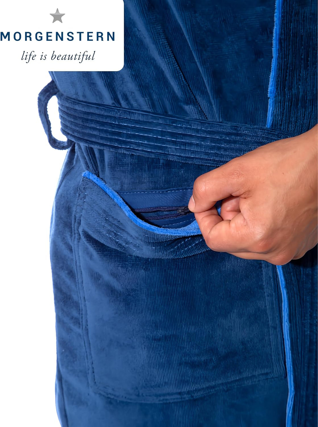 Morgenstern Bademantel Herren Kapuze 100% Baumwolle Frottee Velours Lang Finn M Blau, M Blau