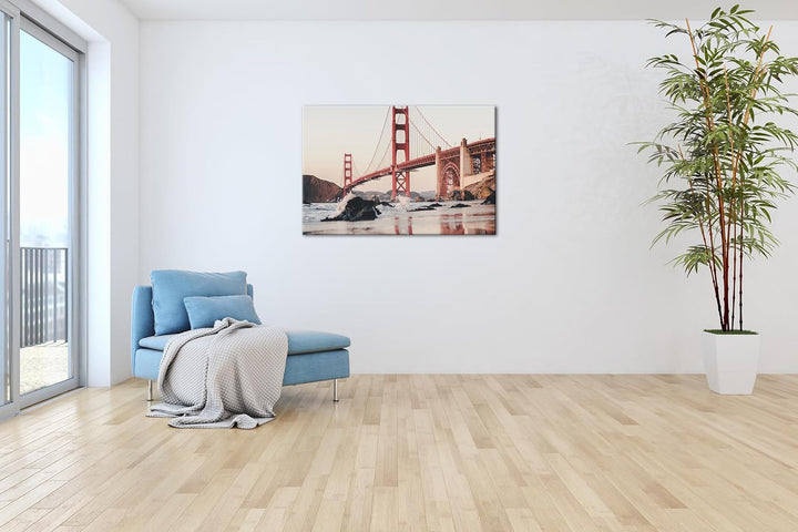 deyoli rote Golden Gate Brücke Format: 100x70 cm als Leinwandbild, Motiv fertig gerahmt auf Echtholz