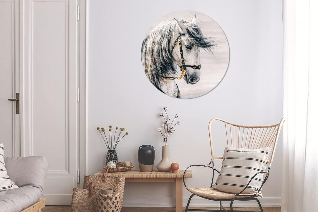 MuchoWow Wandbild Rund Wanddeko Deko Wohnzimmer Bilder 90x90 cm Pferd - Weiss - Gold, 90x90 cm