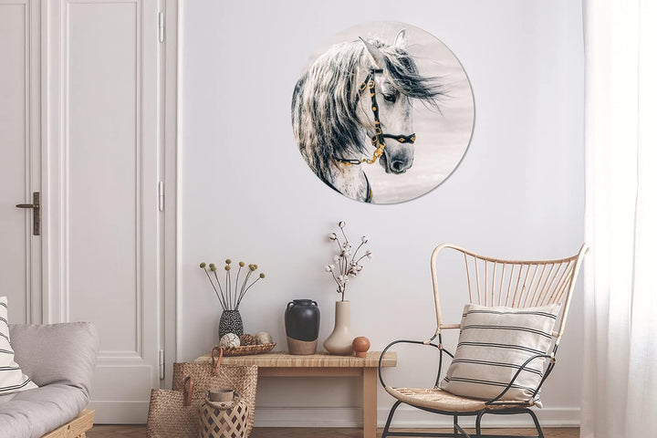 MuchoWow Wandbild Rund Wanddeko Deko Wohnzimmer Bilder 90x90 cm Pferd - Weiss - Gold, 90x90 cm