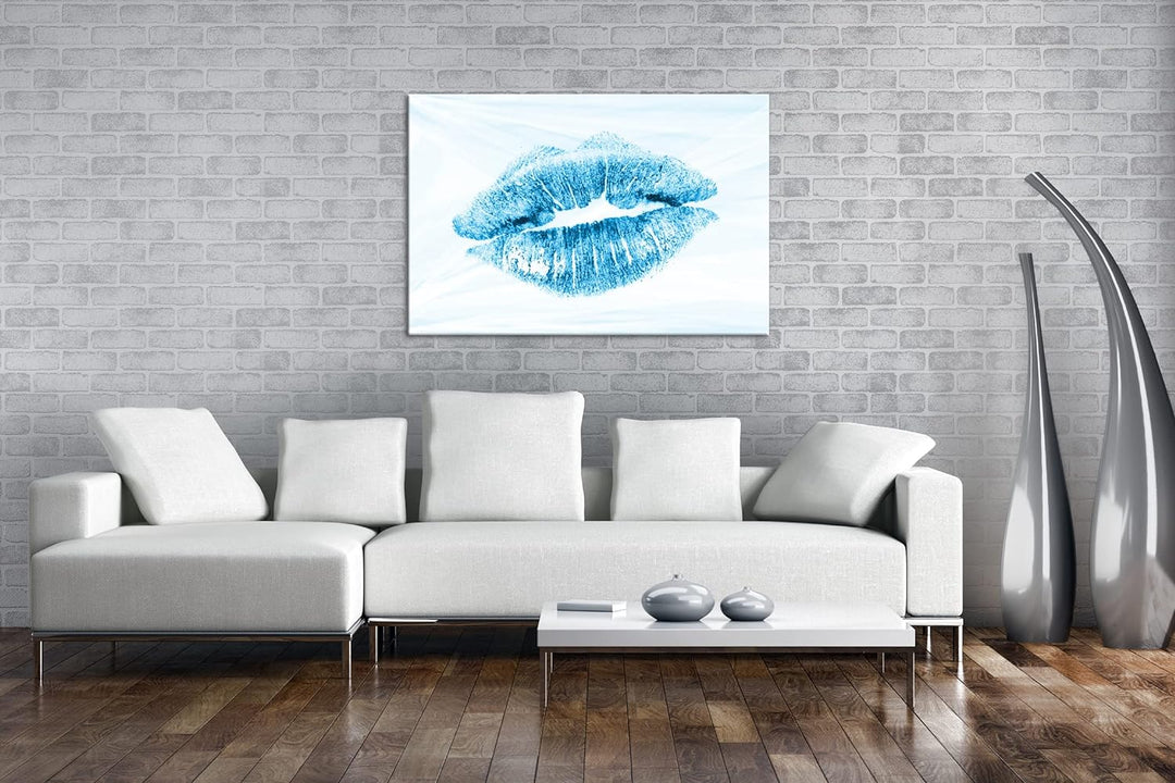 deyoli Roter Lippenstift Abdruck Format 80x60 Effekt: Monocrome Blau als Leinwandbild, Motiv fertig