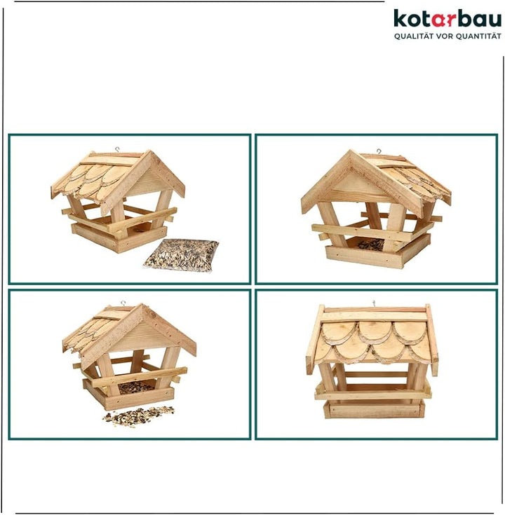 KOTARBAU® Holz-Vogelfutterhaus mit Schindel gedeckt zum Aufhängen + 0,5 kg Futter Gratis
