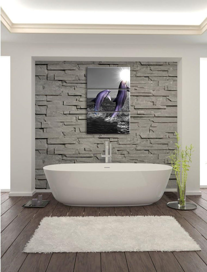 Fröhliche Delfine springen im Meer 3-Teiler Leinwandbild 120x80 Bild auf Leinwand