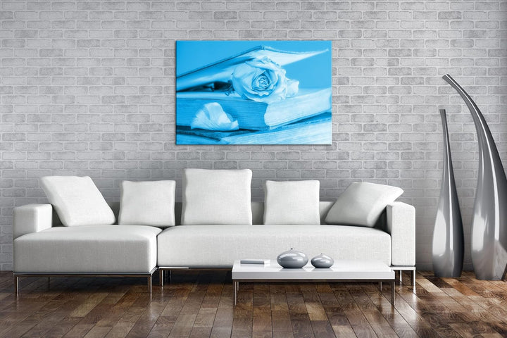 deyoli weisse Rose im Buch Format: 60x40 Effekt: Monocrome Blau als Leinwand, Motiv fertig gerahmt a