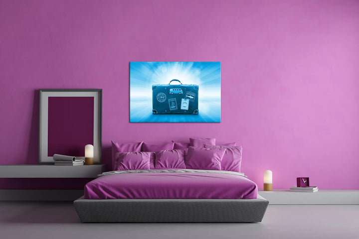 deyoli Reisekoffer aus Leder Format 80x60 Effekt: Monocrome Blau als Leinwandbild, Motiv fertig gera