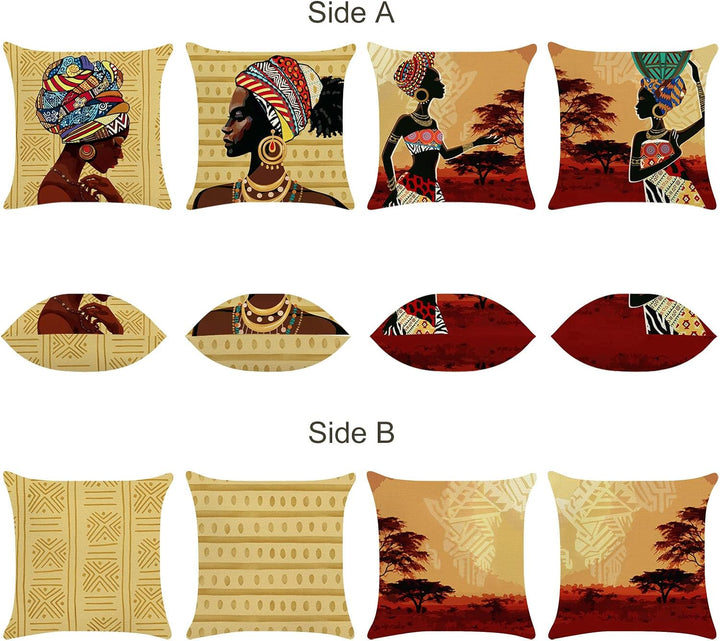 Bonhause 4er Set Kissenbezüge Afrikanische Frauen 45 x 45 cm Ethnisch Stammes Polyester Leinen Dekor