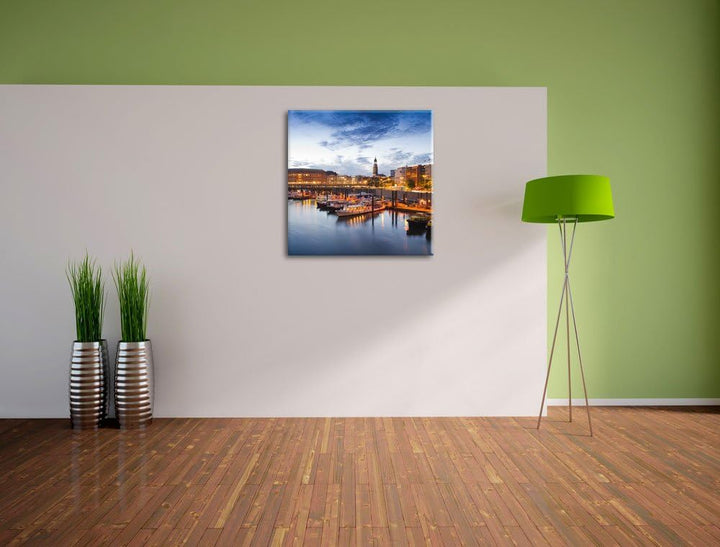 Hamburger Hafen am Abend, Format: 70x70 auf Leinwand, XXL riesige Bilder fertig gerahmt mit Keilrahm