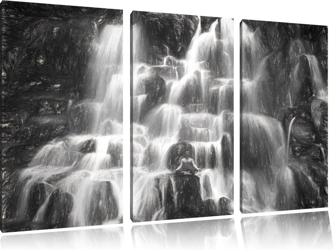 Pixxprint Yoga am Wasserfall in Bali als Leinwandbild/Grösse: 3 Teilig (120x80 cm) cm/Wandbild/Kunst