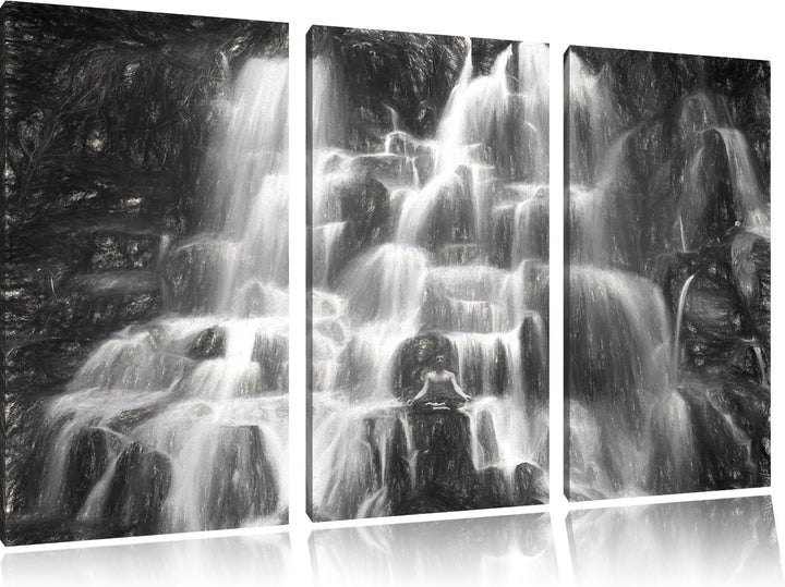 Pixxprint Yoga am Wasserfall in Bali als Leinwandbild/Grösse: 3 Teilig (120x80 cm) cm/Wandbild/Kunst