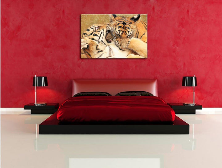 Pixxprint Zwei Junge Tiger beim Kämpfen als Leinwandbild | Grösse: 100x70 | Wandbild| Kunstdruck | f